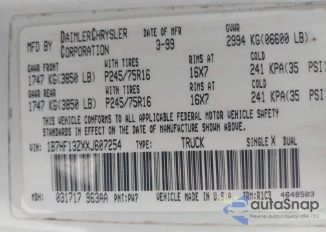 1999 Dodge Ram 1500 St из США, поврежденный, VIN 1B7HF13ZXXJ607254